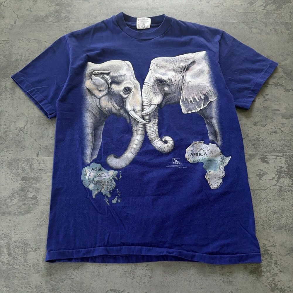 VINTAGE 90S HARLEQUIN ASIAN AFRICAN ELEPHANTS T SHIRT M USA DOUBLE SIDED 1992